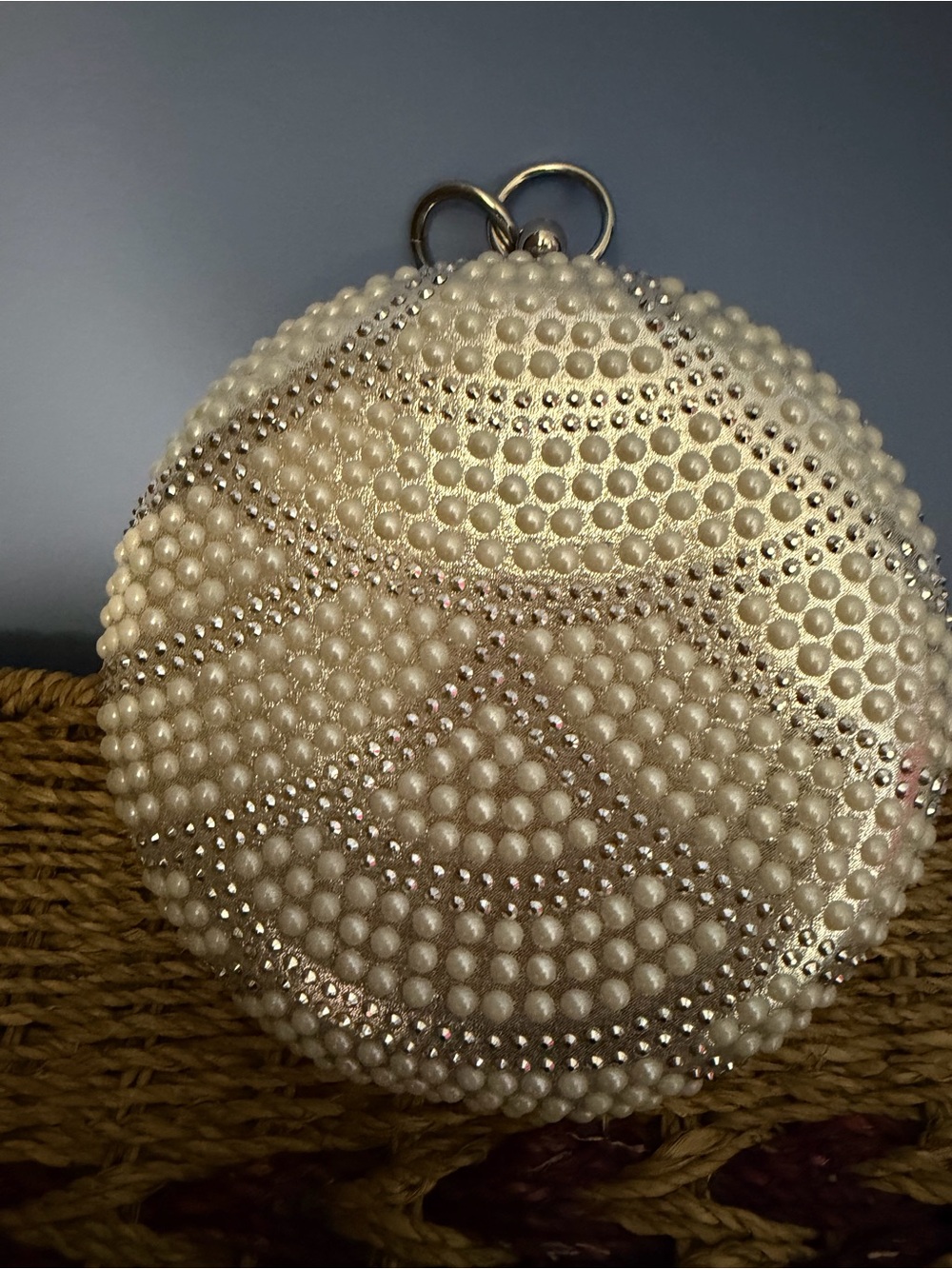 Pearl & Crystal Embellished Round Evening Clutch - Ivory new